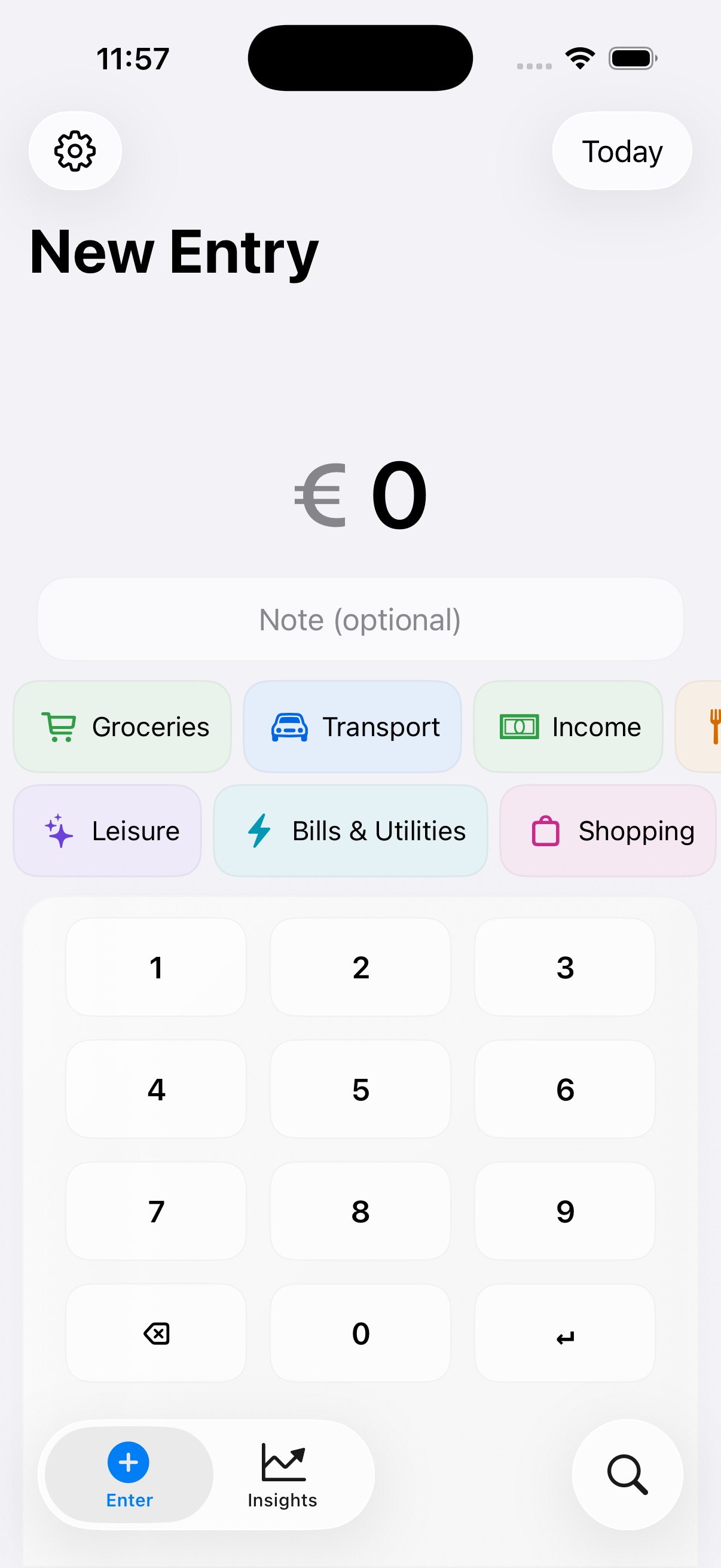 Moniq — Enter screen showing a new entry with category tiles and a numeric keypad