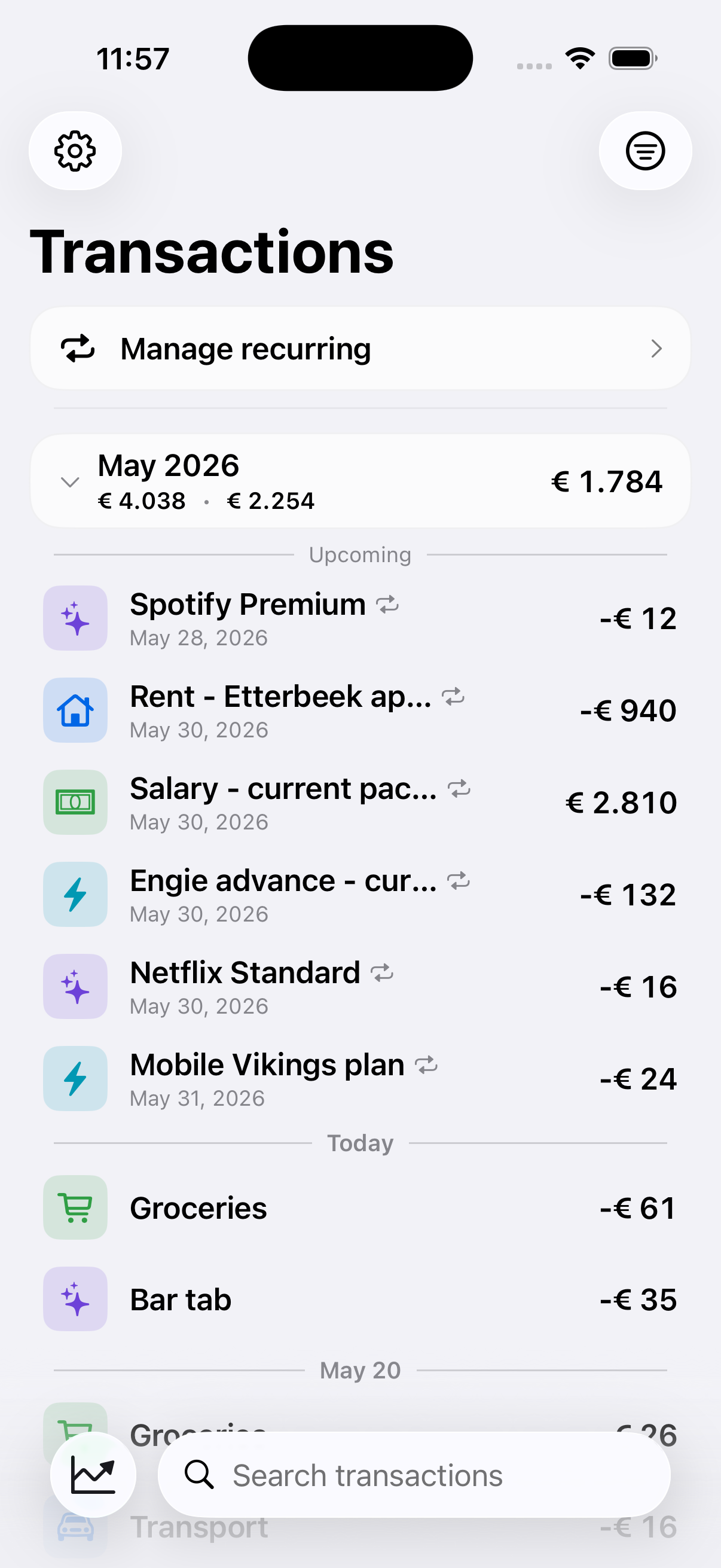 Moniq — Transactions screen listing upcoming and past expenses for April 2026